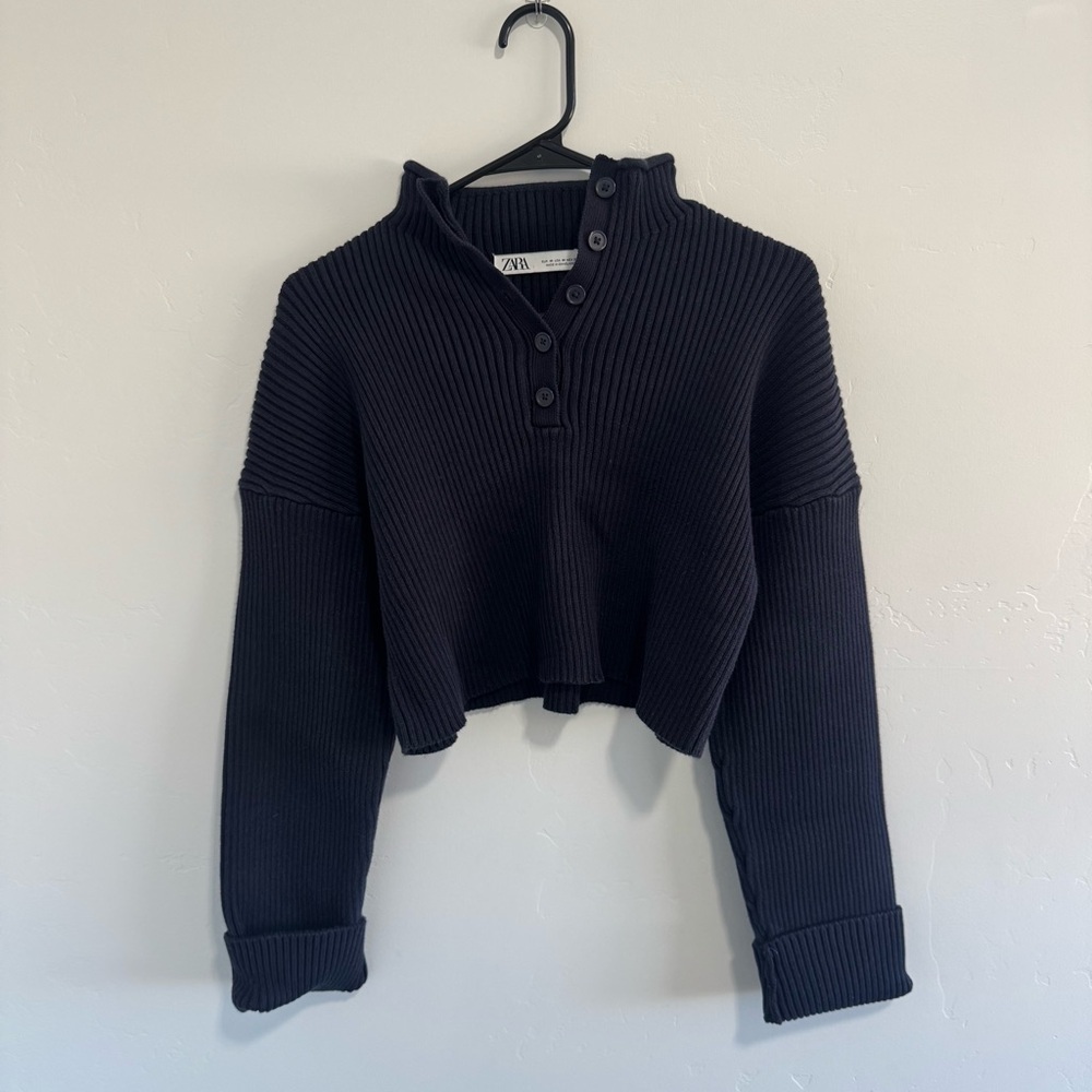 Zara Cropped Ribbed Sweater Medium Navy Blue